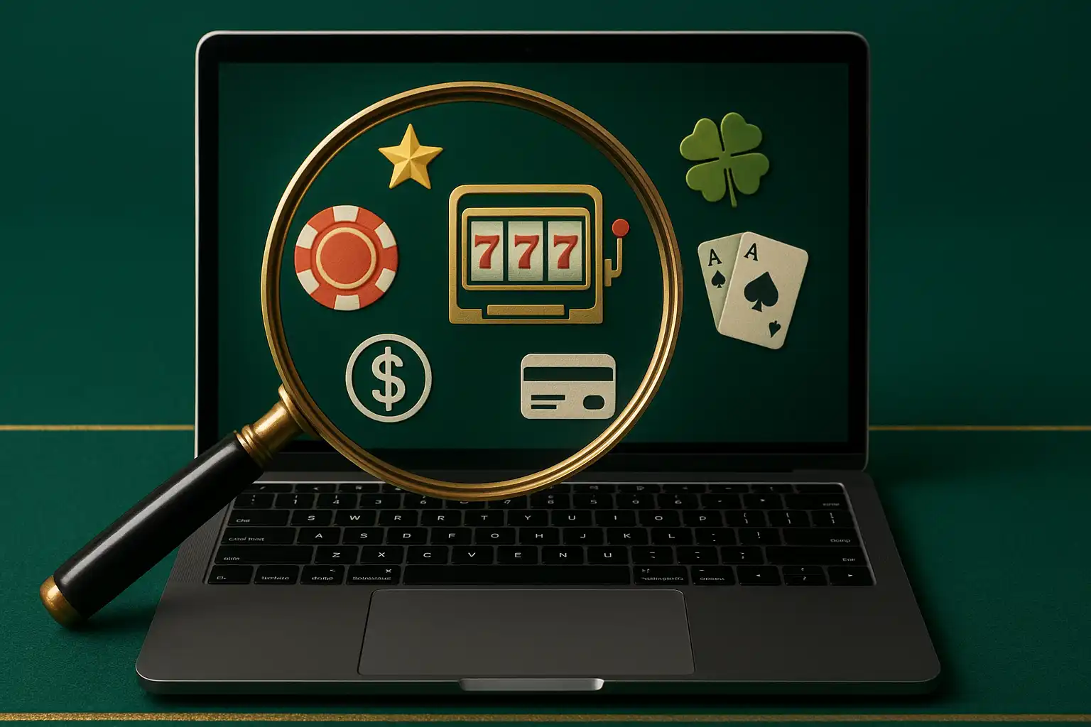 Casino reviewer examining slot reels and payment icons on a laptop screen