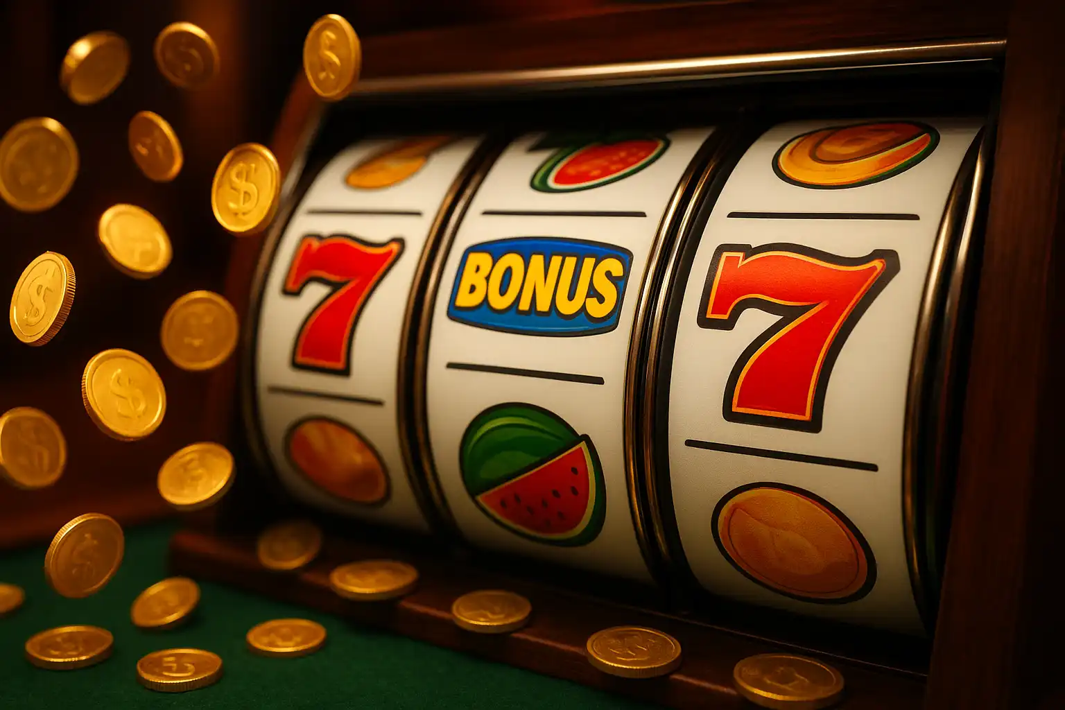 Colourful online slot machine reels spinning with bonus symbols on a casino screen